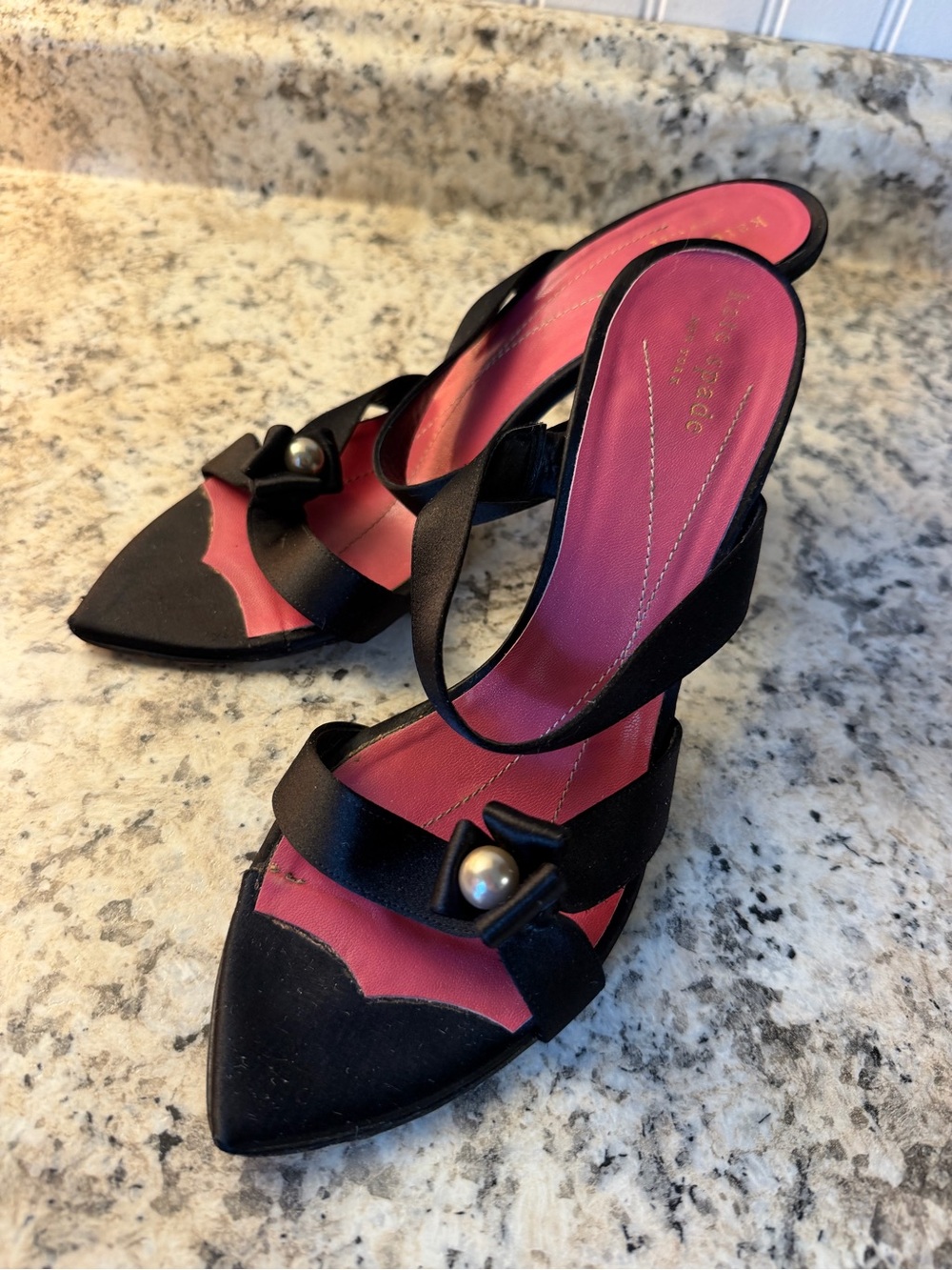 kate spade Black Satin Pointed Strappy Heels Pearl Bow Date Night Samantha